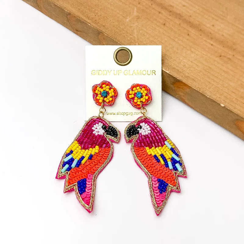 Handmade Silver Earrings-Beaded Parrot Earrings in Hot Pink