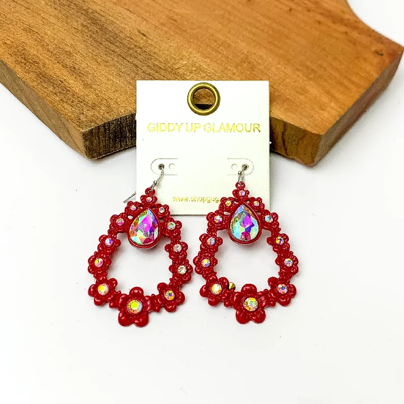 Elegant Wedding Earrings-Red Open Drop Flower Earrings with AB Crystals