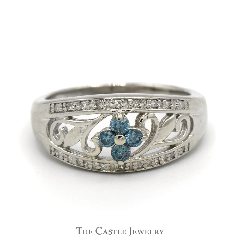 Trendy Gold Wedding Ring-1/4cttw Blue Diamond Flower Cluster with Diamond Accents in 14k White Gold Floral Band