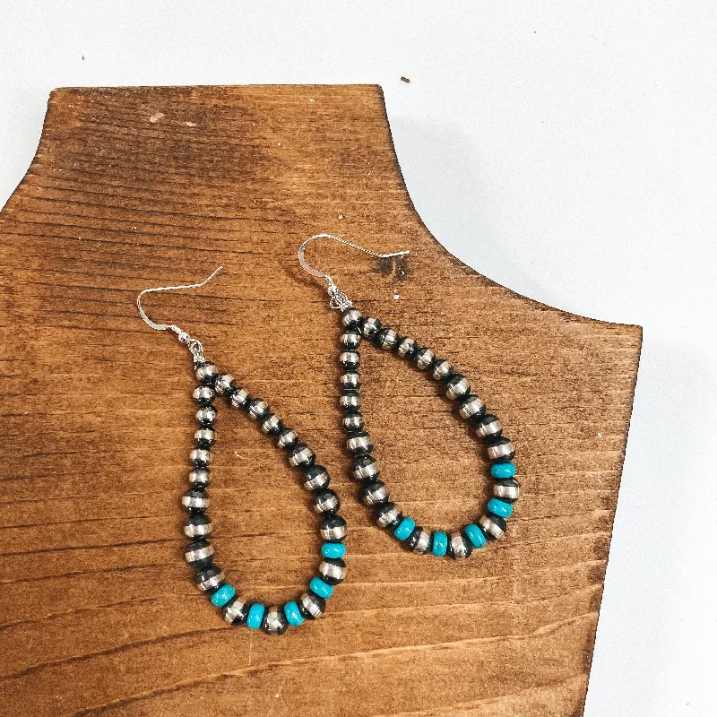 Custom Birthstone Earrings-Navajo | Navajo Handmade Sterling Silver Navajo Pearl with Turquoise Spacers Teardrop Earrings