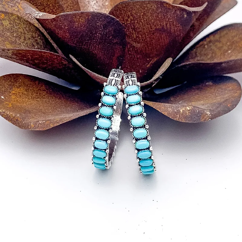 Diamond Stud Earrings-Silver Tone Semi Hoop Earring with Turquoise Blue Stones