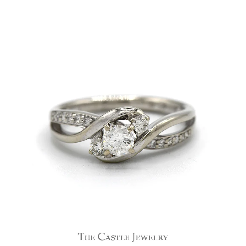 Stylish Engagement Ring-1/2cttw Three Stone Engagement Ring with Diamond Accents in 14k White Gold Bypass Mounting