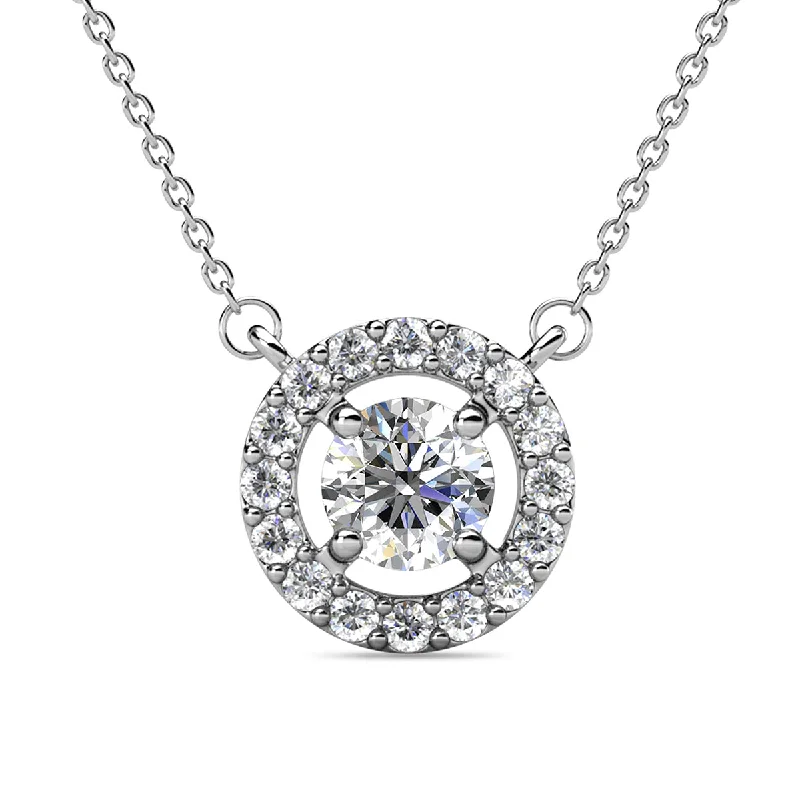 Gold Necklace with Sapphires-Royal 18k White Gold Plated April Birthstone Halo Necklace with Round Cut Diamond Swarovski Crystals