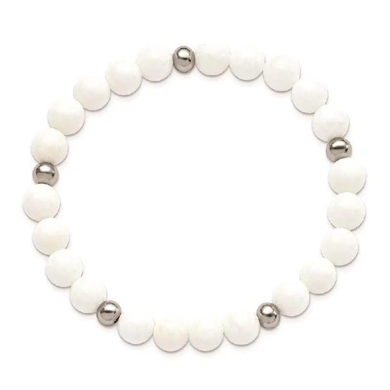 Personalized Crystal Bracelet-Stainless Steel Polished White Ceramic Beaded Stretch Bracelet