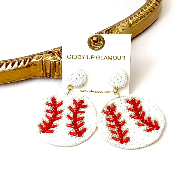 Gold Earrings for Teens-Baseball Seed Beaded Earrings in White and Red