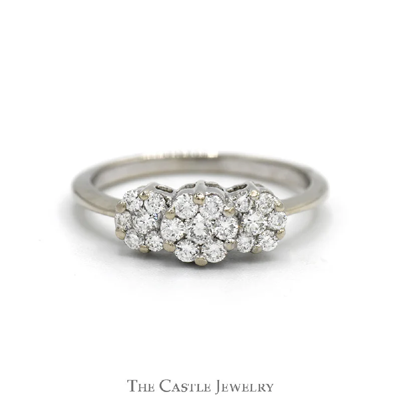 Luxury Engagement Ring Set-1/2cttw Triple Flower Diamond Cluster Ring in 14k White Gold