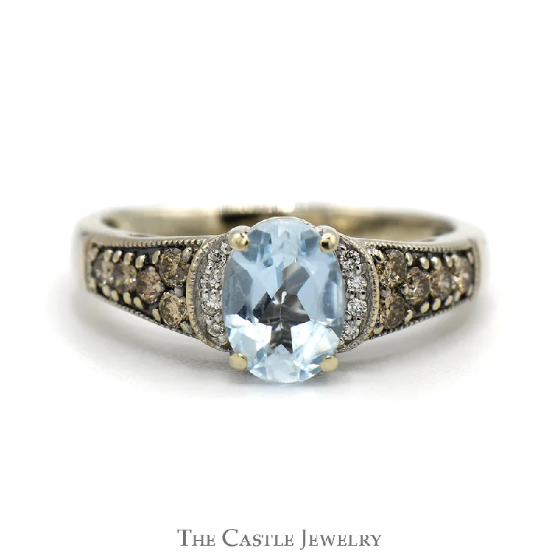 Custom Initial Ring-Le Vian Designer Oval Cut Aquamarine Ring with Chocolate & White Diamond Accents in 14k White Gold