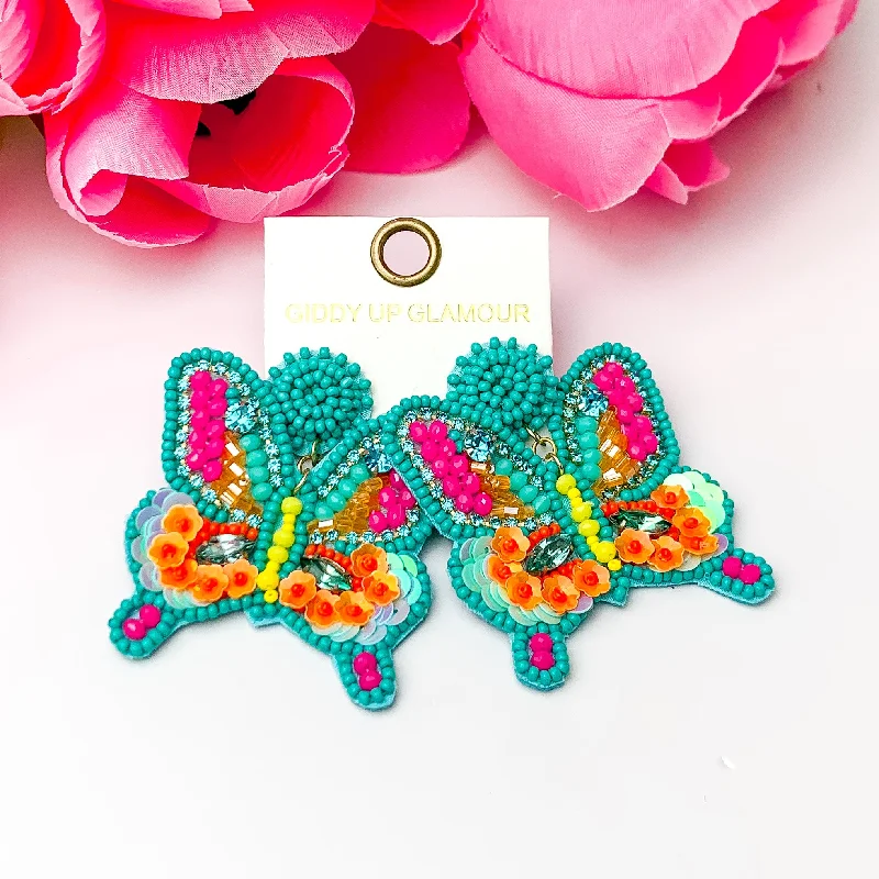 Colorful Drop Earrings for Women-Beaded Summertime Butterfly Earrings in Teal, Pink, and Orange