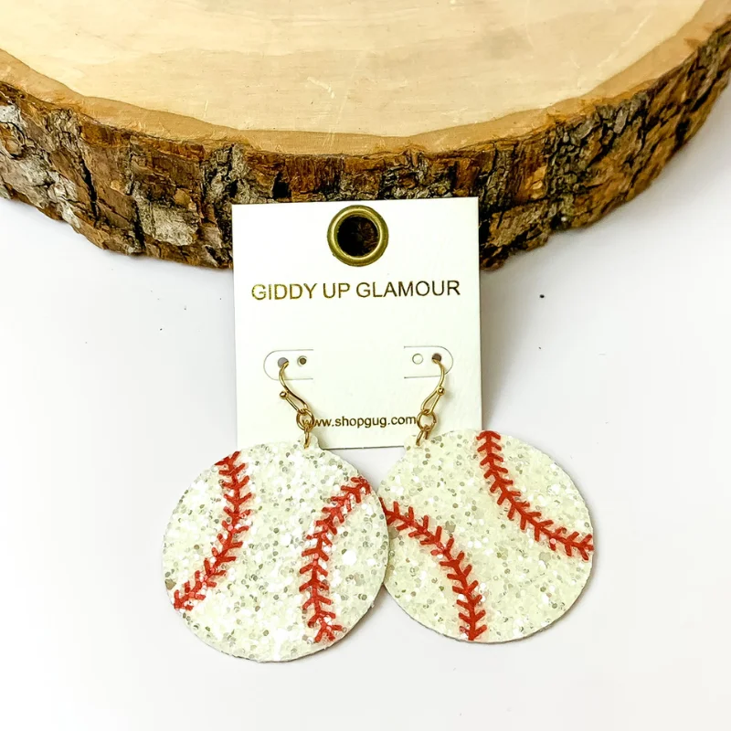 Moon Shaped Earrings-Circle Drop Glitter Baseball Earrings in White