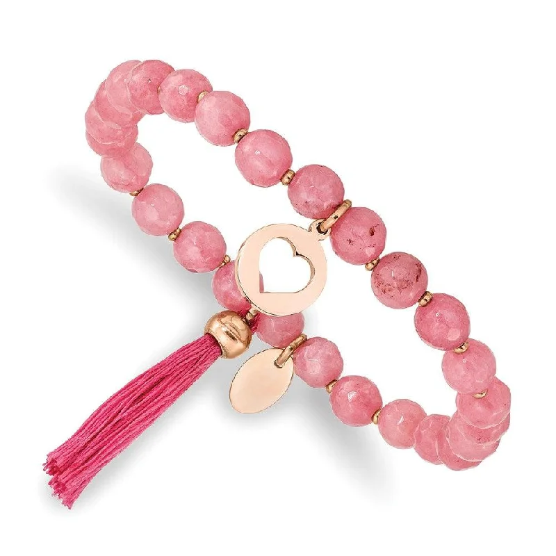 Custom Gold Cuff Bracelet-Stainless Steel Polished Rose IP Heart w/Tassel Pink Jade Beaded Bracelet