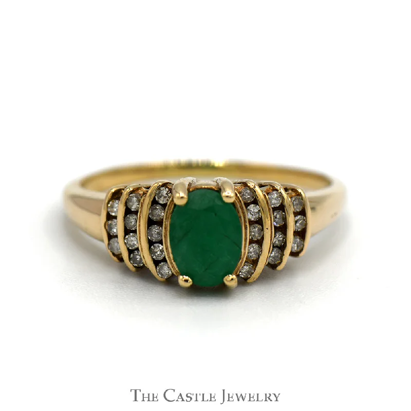 Unique Gold Ring-Vintage Style Oval Cut Emerald Ring with Channel Set Diamond Accents in 10k Yellow Gold