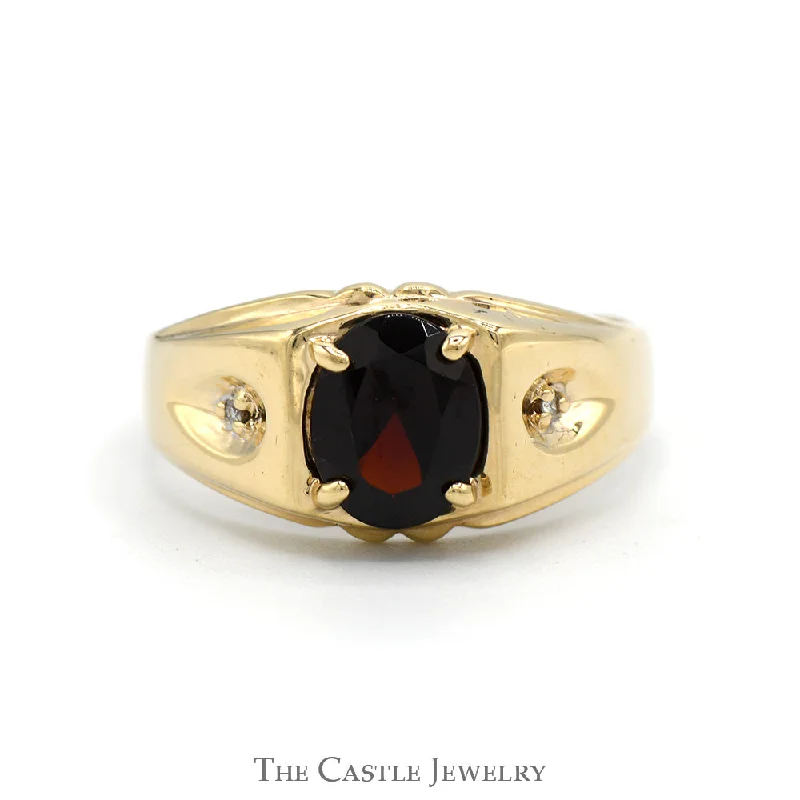 Designer Gold Ring-Oval Cut Garnet Solitaire with Illusion Set Diamond Accents in 10k Yellow Gold