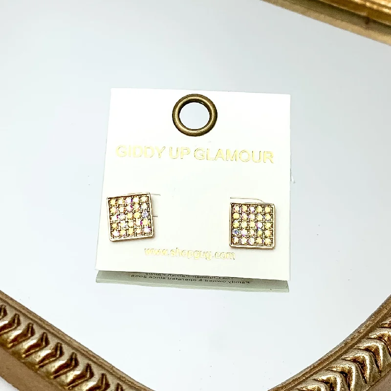 Luxury Drop Earrings-Square AB Crystal Stud Earrings in Gold Tone