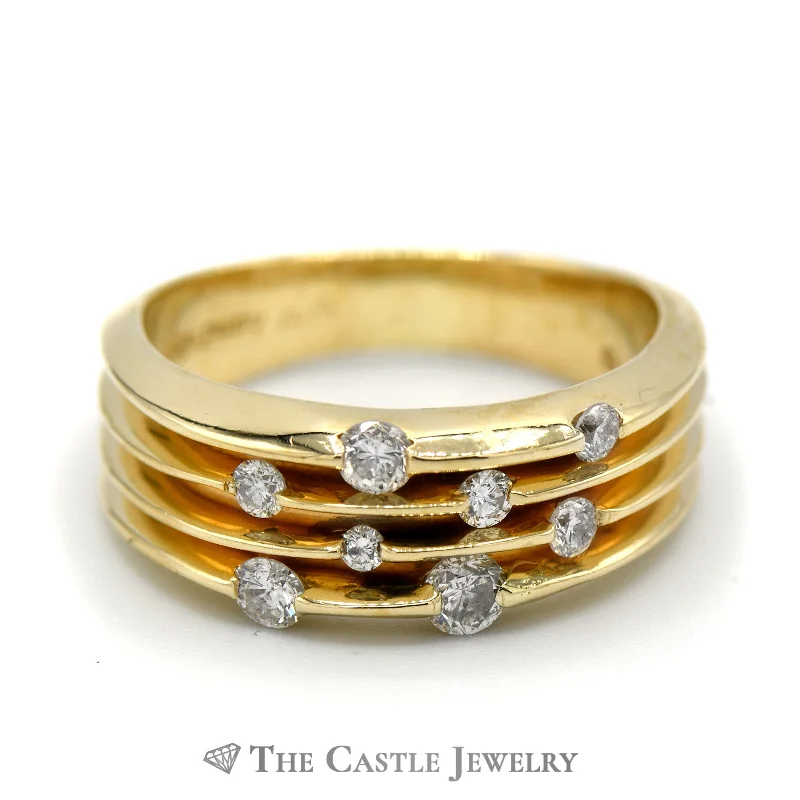 Classic Wedding Ring for Couples-Freeform Diamond Cluster Band with Open Ridges in 14k Yellow Gold