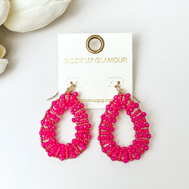 Unique Design Earrings-Gold Tone Teardrop Earrings with Hot Pink Beaded Outline