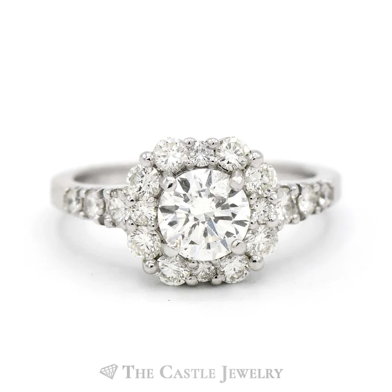 Vintage Silver Engagement Ring-2.05cttw Diamond Engagement Ring with Diamond Halo and Accents in 14k White Gold