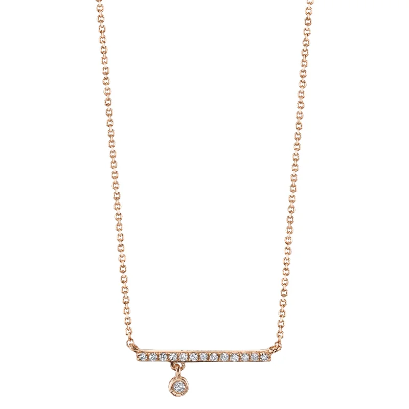 Diamond Necklace for Women-14K Rose Gold 0.05ct Pave & Bezel Set Diamond Bar Fashion Necklace