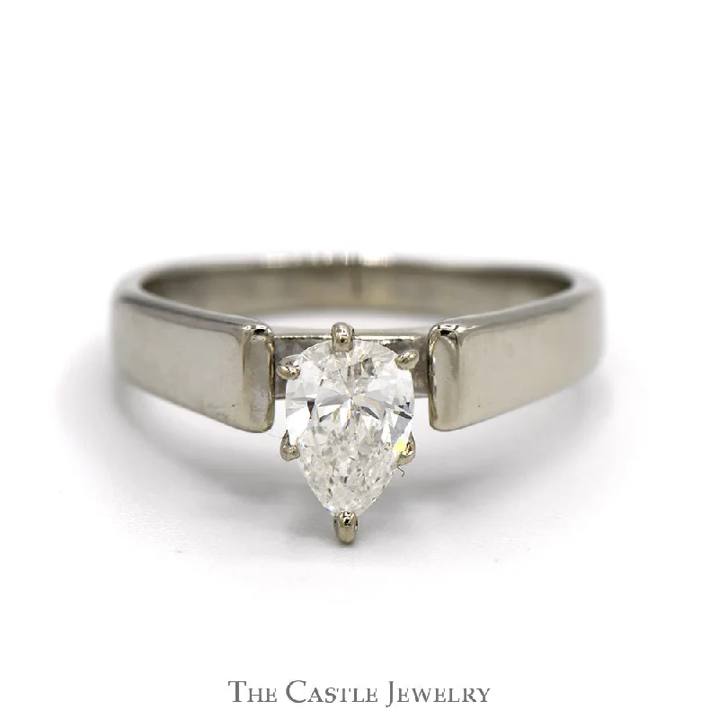 Gemstone Ring for Women-.59ct Pear Cut Diamond Solitaire Engagement Ring in 14k White Gold Cathedral Mounting