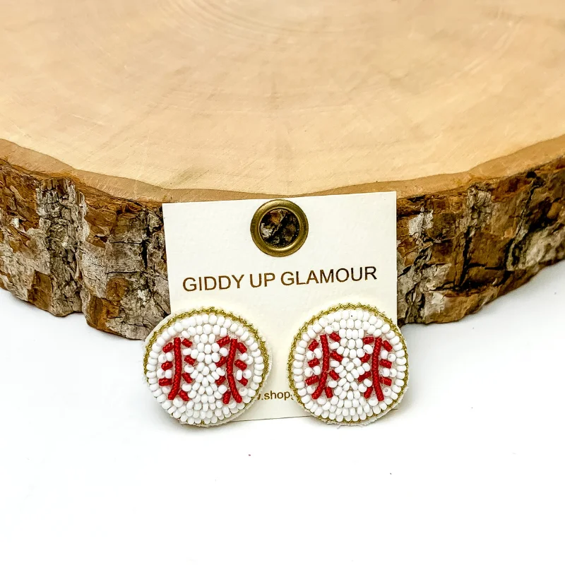 Unique Pearl Earrings-Beaded Baseball Stud Earrings in White