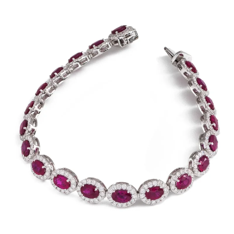 Vintage Silver Charm Bracelet-18ct White Gold Oval Ruby and Diamond Bracelet