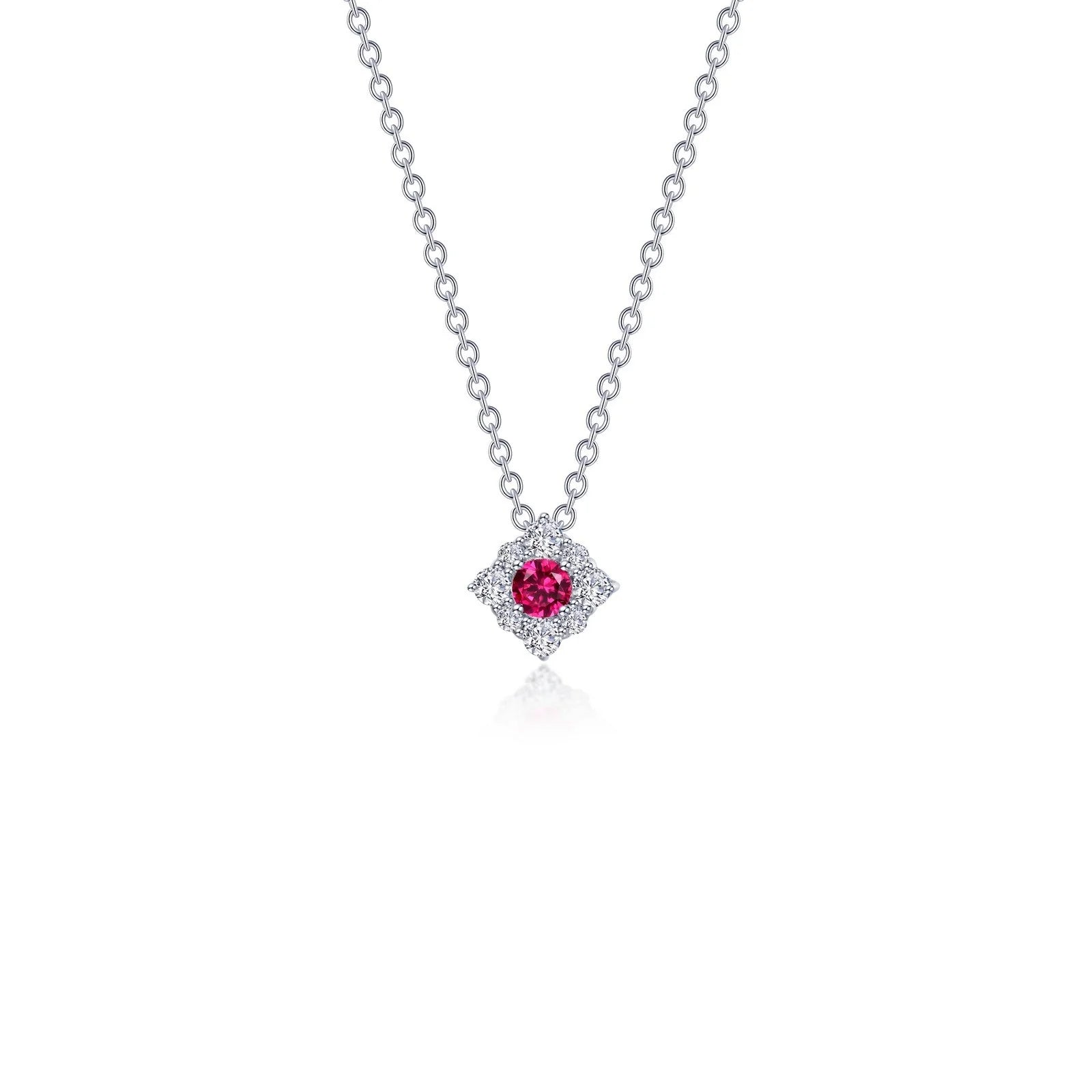 Designer Silver Necklace-Lafonn Simulated Diamond & Ruby Halo Necklace N0324CRP18