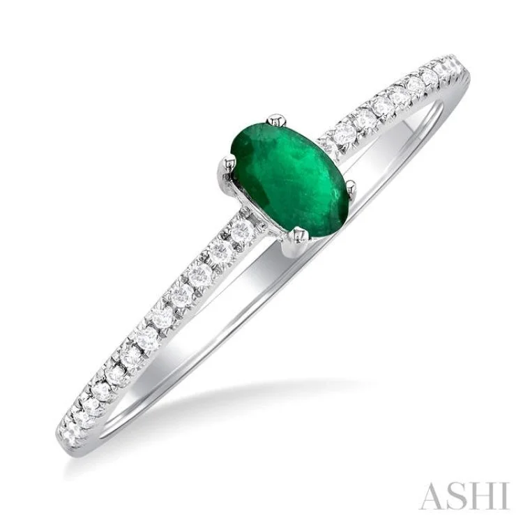 Personalized Diamond Ring-1/10 ctw Petite 5X3MM Oval Cut Emerald and Round Cut Diamond Precious Fashion Ring in 10K White Gold