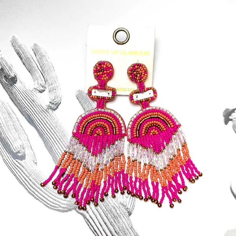 Simple Hoop Earrings-Balcony Views Seed Bead Fringe Earrings in Fuchsia Pink