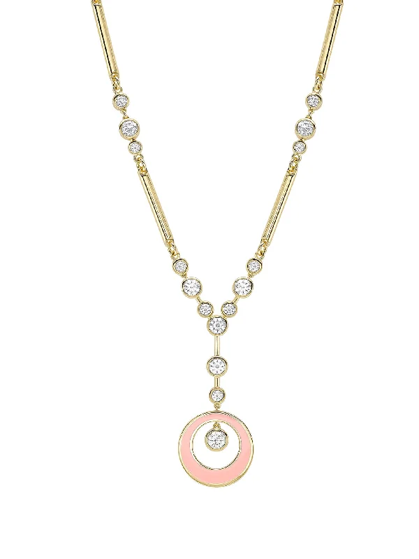 Double Chain Necklace-Raindance Diamond Pink Enamel Yellow Gold Pendant