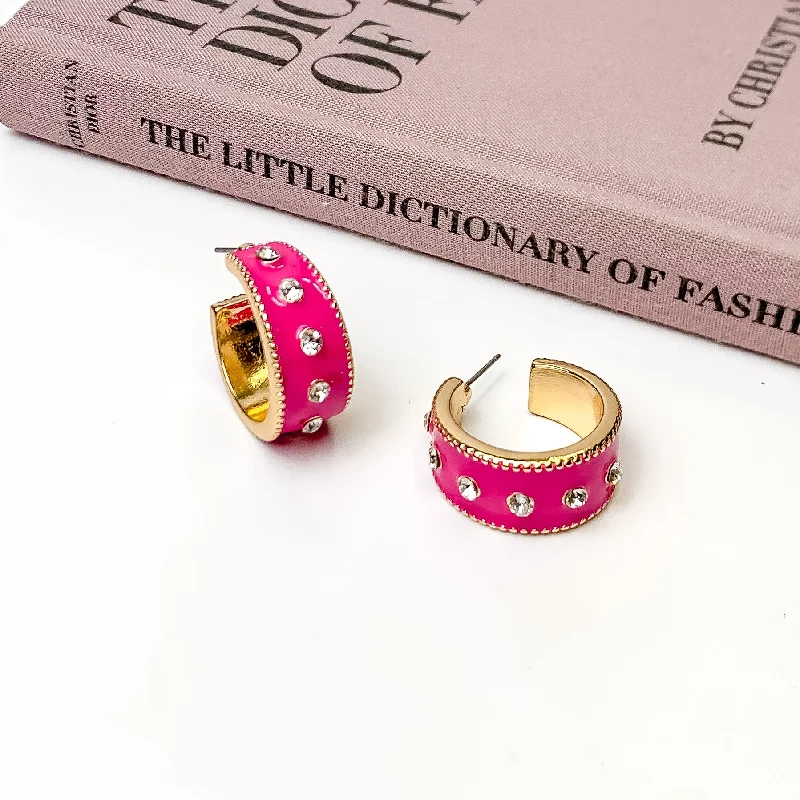 Elegant Gemstone Stud Earrings-Surrounded By Starlight Small Gold Tone Hoop Earrings in Fuchsia Pink