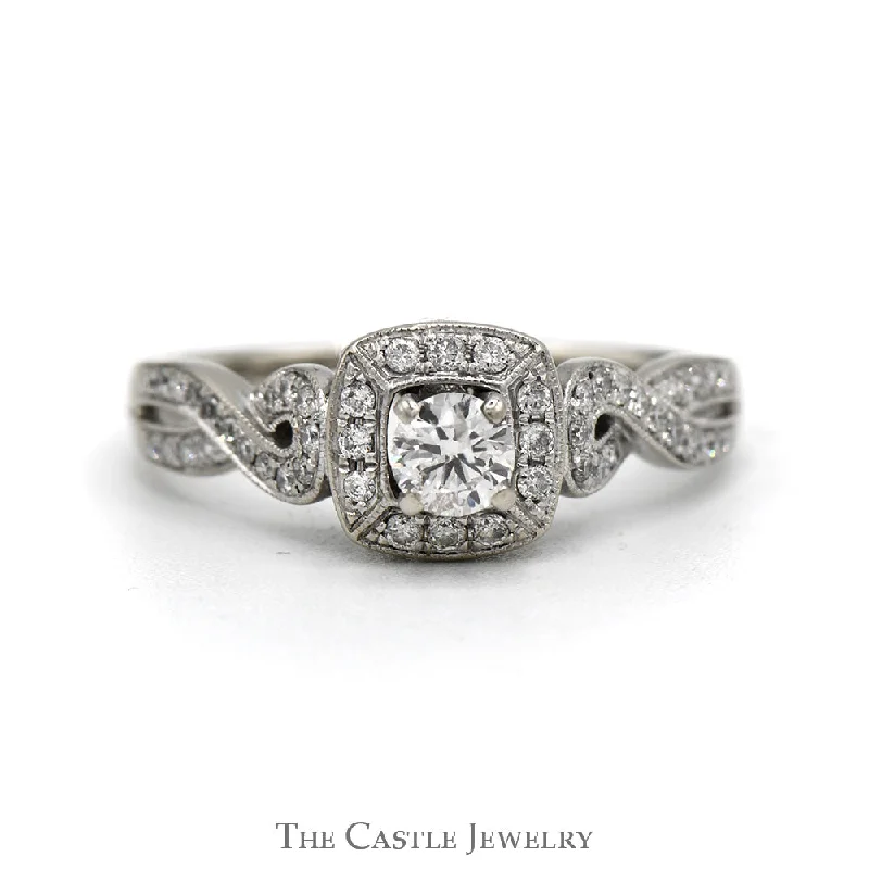 Unique Wedding Band with Diamonds-1/2cttw Round Diamond Solitaire Engagement Ring with Halo & Accented Twisted Sides in 14k White Gold