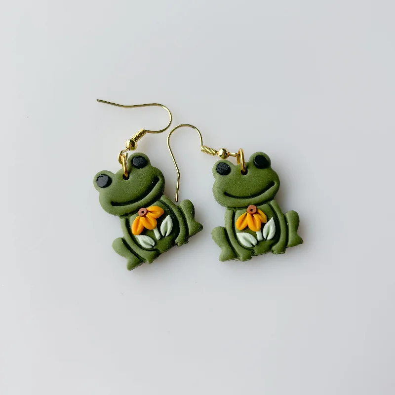 Classic Diamond Earrings-GREEN SUNFLOWER FROG EARRINGS