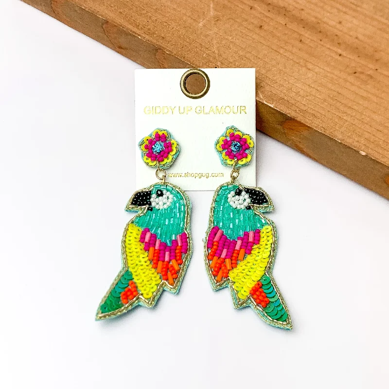 Modern Stud Earrings-Beaded Parrot Earrings in Turquoise