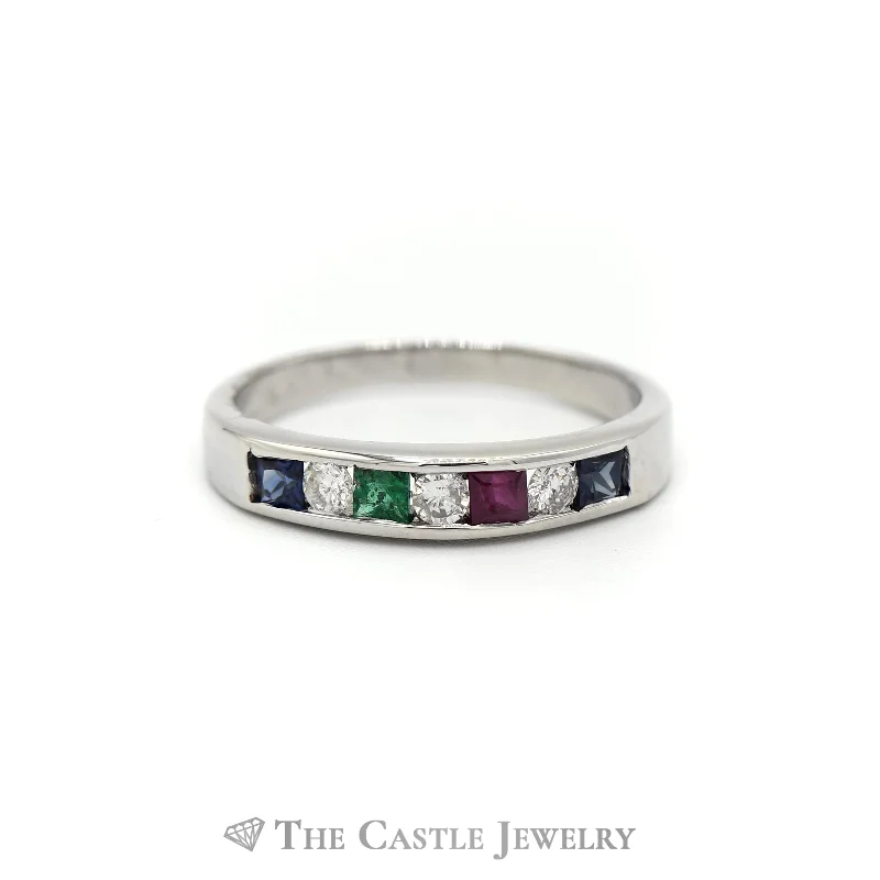 Luxury Diamond Ring-.15CTTW Diamond and Multi Colored Gemstone Wedding Band in 14KT White Gold