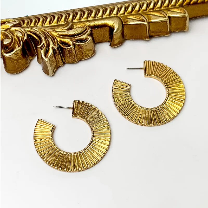 Elegant Gemstone Stud Earrings-Ribbed Post Hoop Earrings in Gold Tone