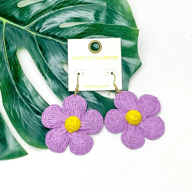 Bridal Earrings with Diamonds-Darling Daisy Raffia Wrapped Flower Earrings in Purple