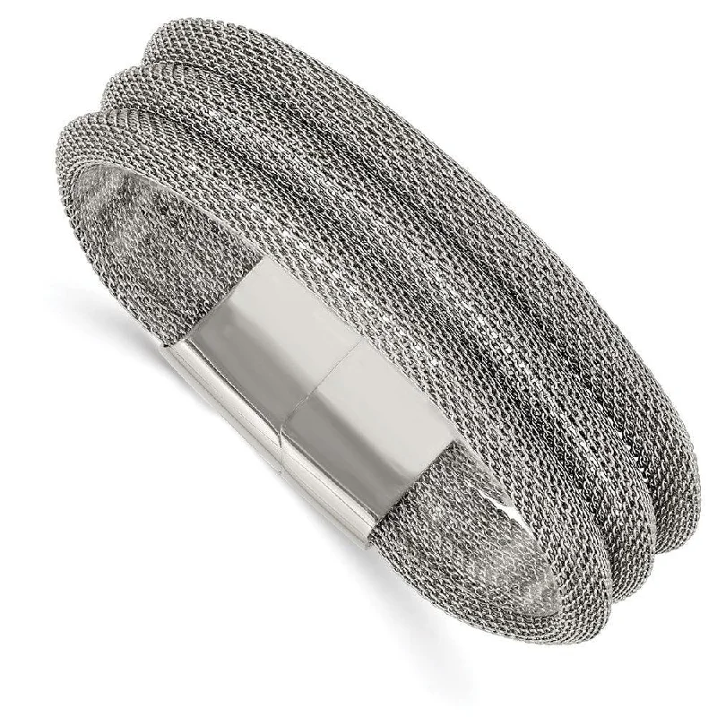 Sparkling Silver Bracelet-Stainless Steel Polished Mesh 3-Strand 7.5in Bracelet