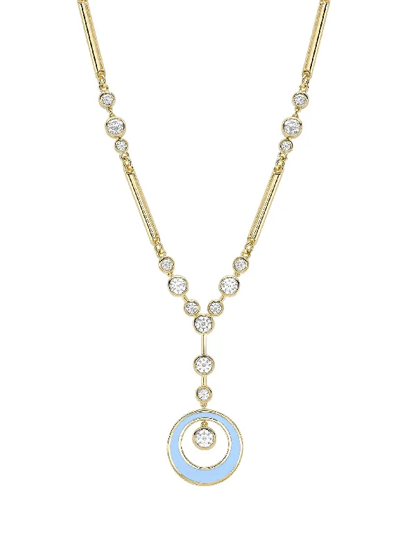 Silver Necklace for Special Occasions-Raindance Diamond Blue Enamel Yellow Gold Pendant