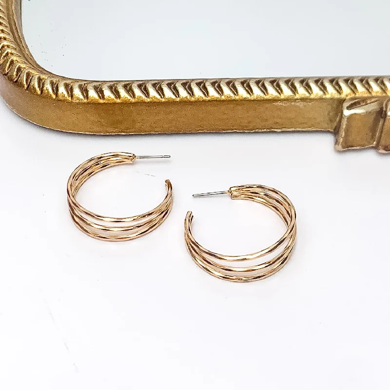 Crystal Hoop Earrings-Good Karma Medium Triple Hoop Earrings in Gold Tone