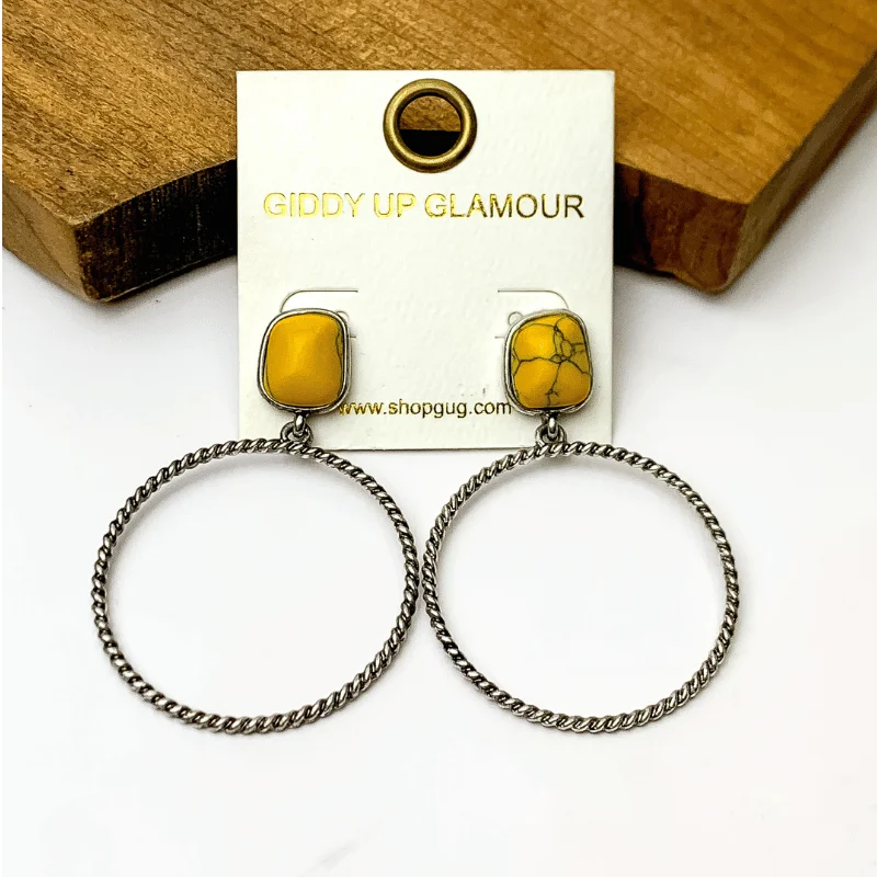 Tiny Huggie Earrings-Silver Tone Twisted Hoop Earrings with a Yellow Marbled Stone