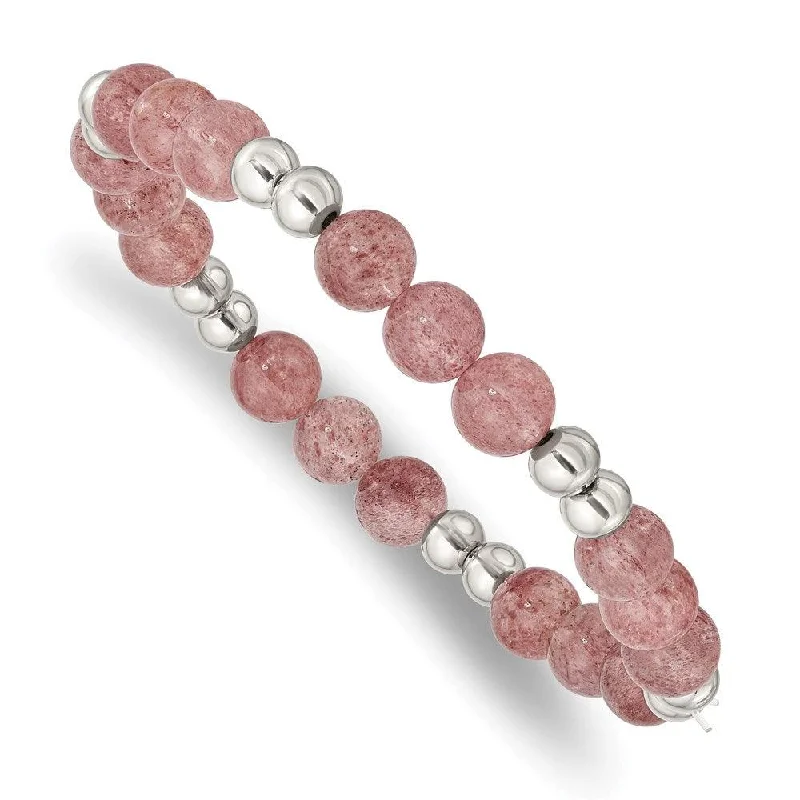 Women’s Custom Birthstone Bracelet-Stainless Steel Polished Strawberry Quartz Beaded Stretch Bracelet