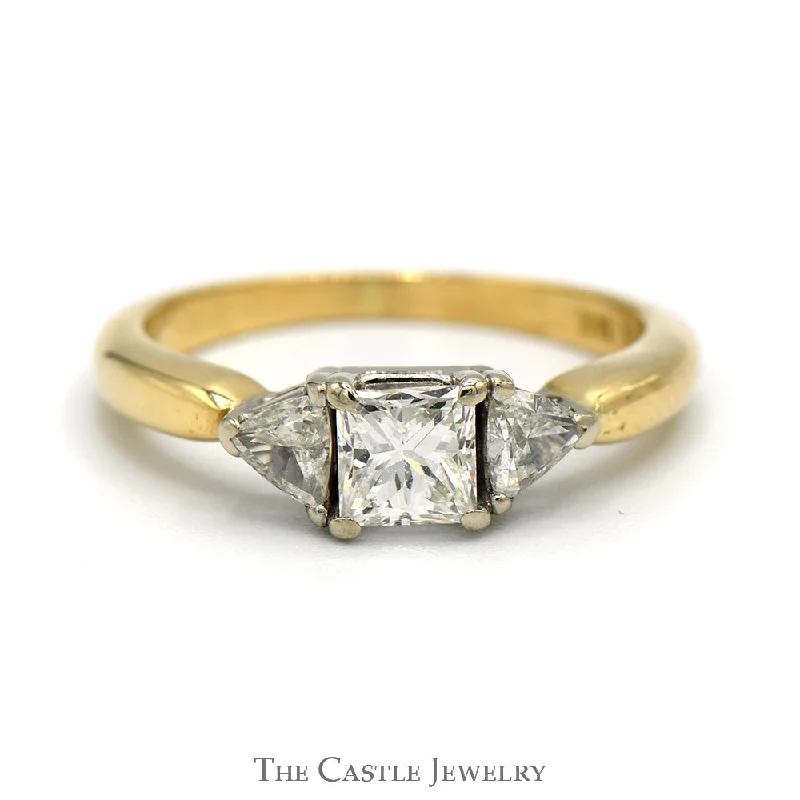 Platinum Wedding Ring-3/4cttw Princess Cut Diamond Engagement Ring with Trillion Cut Diamond Accents in 14k Yellow Gold