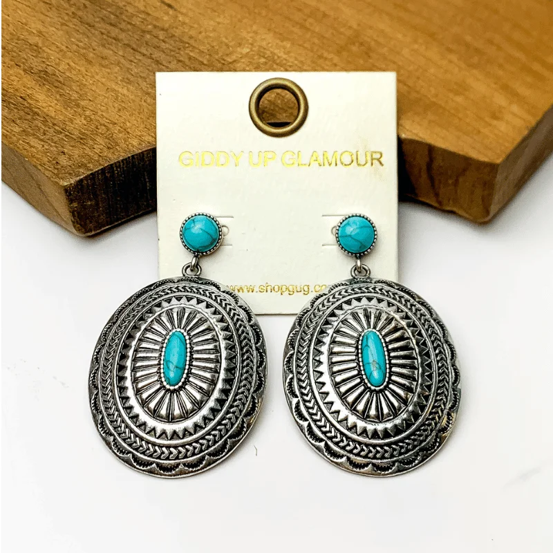 Modern Stud Earrings-Silver Tone Patterned Earrings with Turquoise Marble Accents