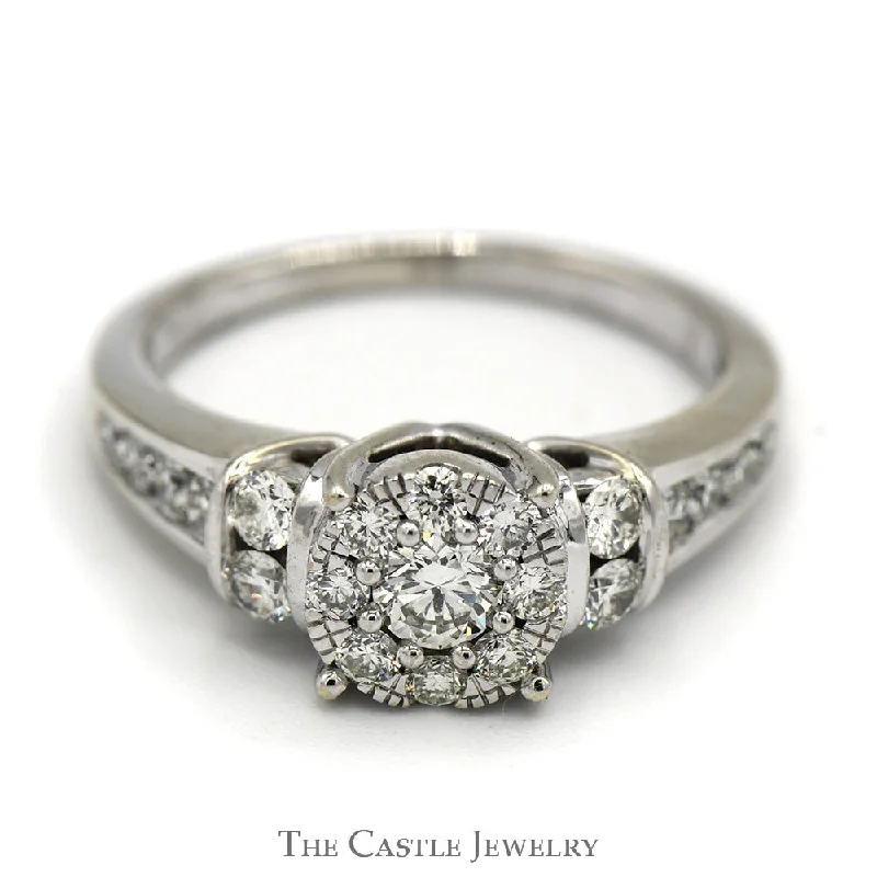 Wedding Band with Diamonds-1cttw Diamond Cluster Engagement Ring with Channel Set Accents in 14k White Gold