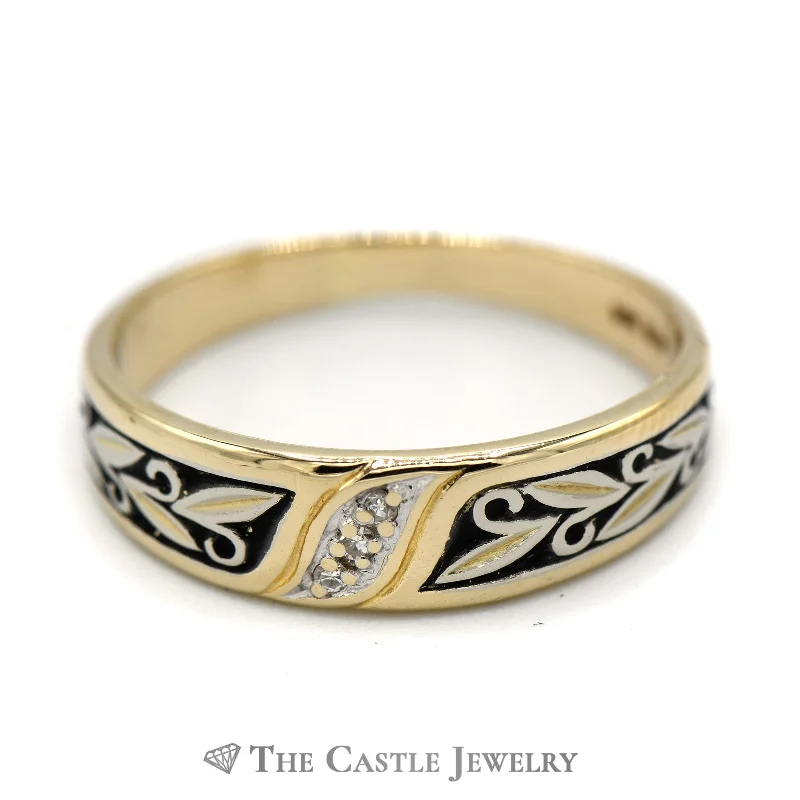 Classic Silver Wedding Ring-Illusion Set Diamond Band with Leaf Designed Black Enamel Detail in 14k Yellow Gold