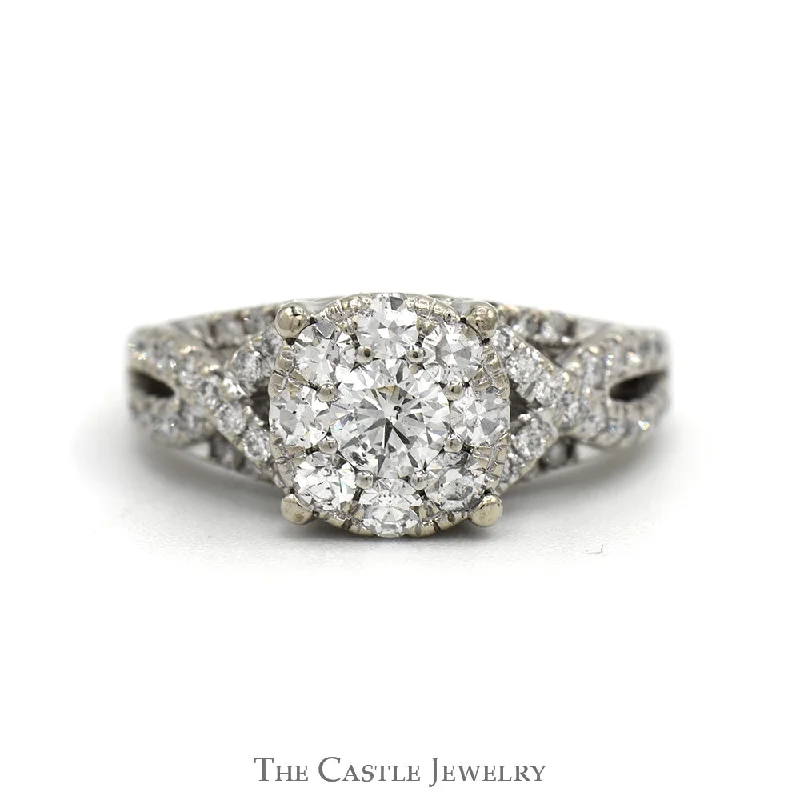 Silver Promise Ring-1cttw Round Diamond Cluster Engagement Ring with Diamond Accented Twisted Sides in 14k White Gold