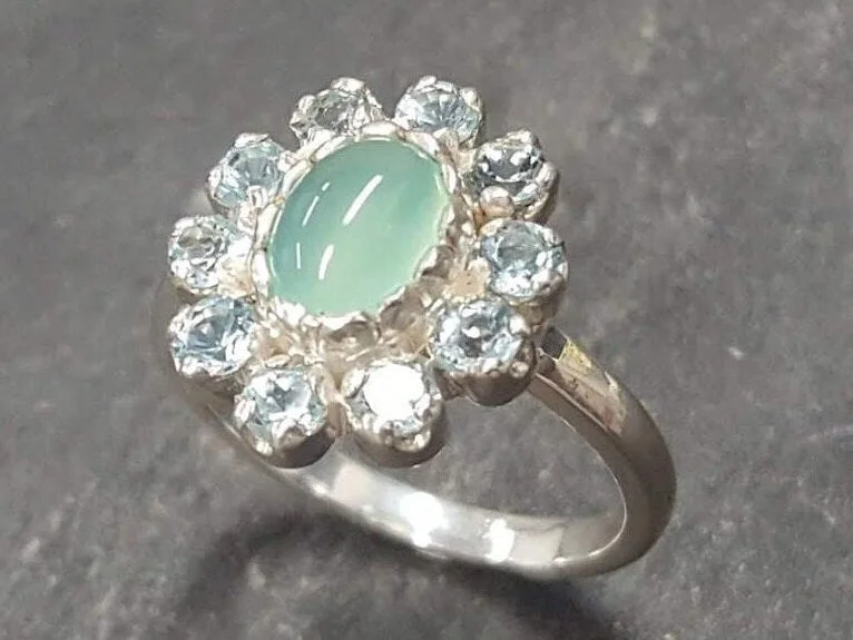 Elegant Gold Wedding Band-Chrysoprase Ring - Blue Flower Ring - Victorian Topaz Ring