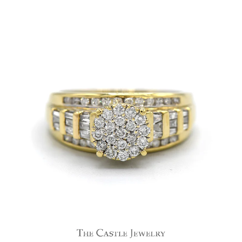 Diamond Wedding Band for Bride-3/4cttw Round Diamond Cluster Ring with Baguette & Round Diamond Accented Sides in 10k Yellow Gold