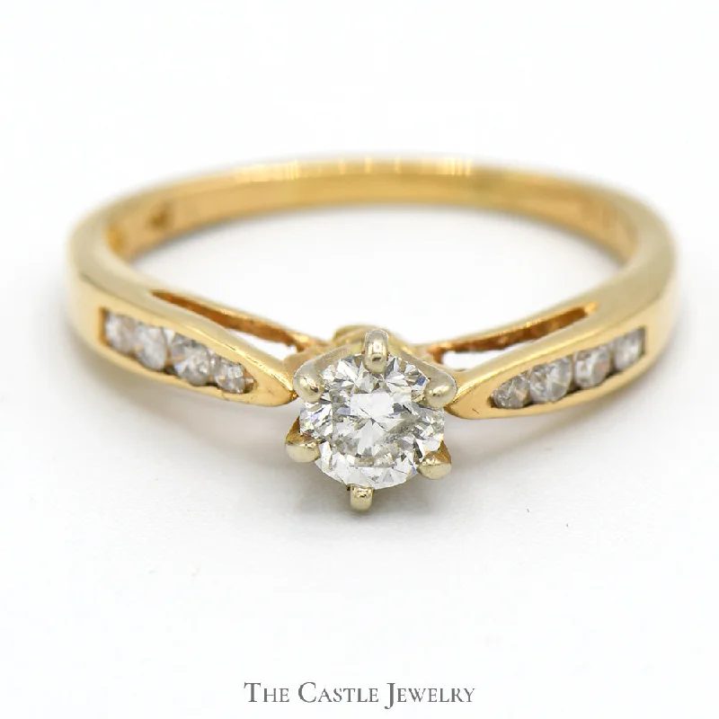 Fashionable Gold Engagement Ring-1/2cttw Round Diamond Solitaire Engagement Ring with Channel Set Diamond Accents in 14k Yellow Gold