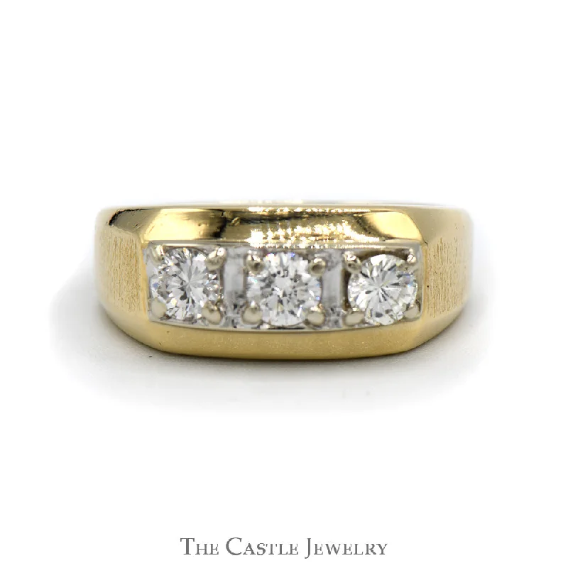 Custom Ring with Sapphires-Gent's Three Diamond Band .75CTTW Brushed Sides 14KT Yellow Gold