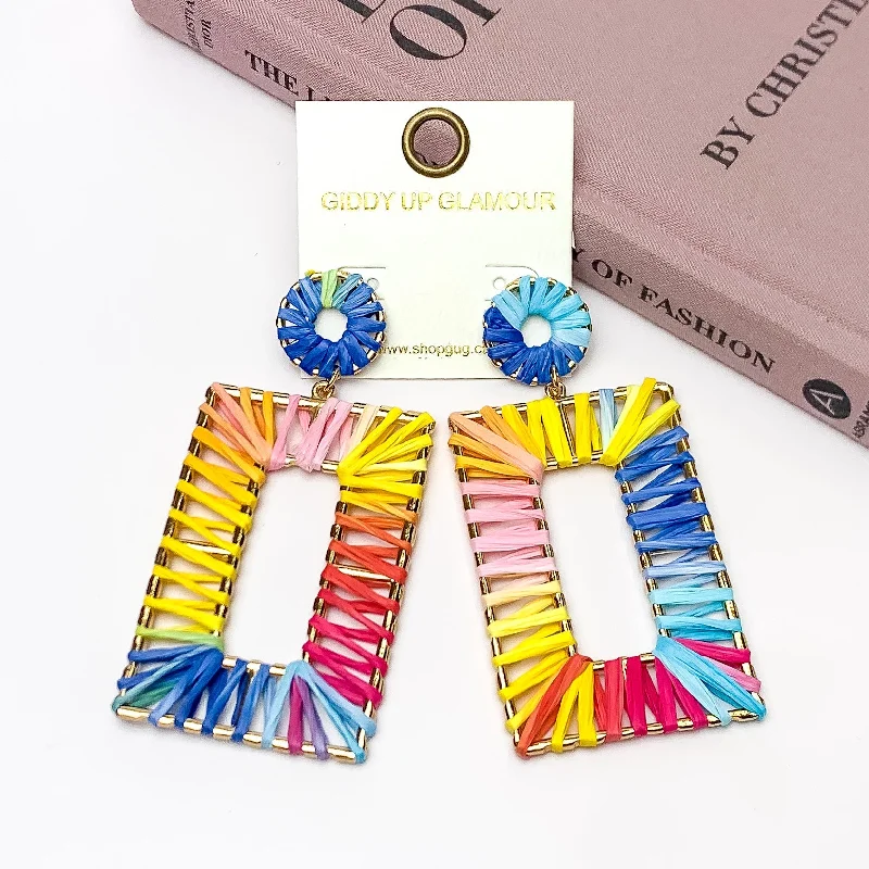 Artistic Earrings for Women-Rainbow Sunshine Raffia Wrapped Open Rectangle Earrings in Multicolor